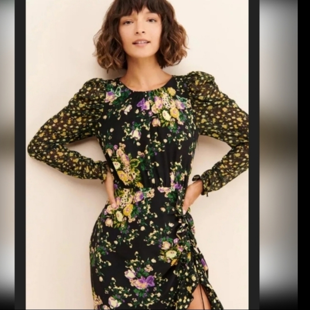 For Love & Lemons Black & Yellow Sheath Midi Dress w Bishop Sleeves Si… - Picture 6 of 8